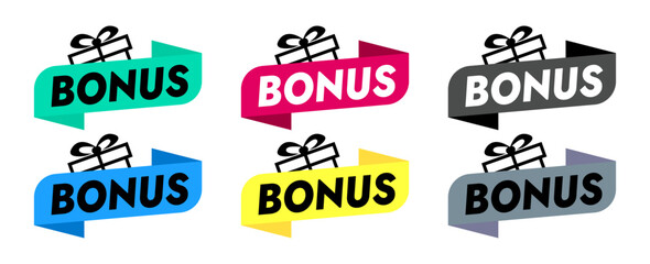 set of colorful stickers with bonus text and gift box vector design