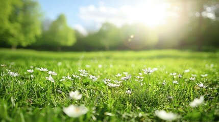 Fototapeta premium Bright Spring Meadow with Wildflowers and Soft Sunlight Glowing