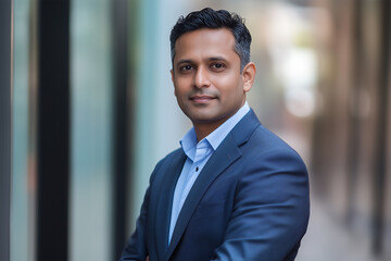 Fototapeta premium Portrait of a handsome smiling asian indian businessman boss in a suit standing in his modern business company office 