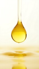 Closeup of a single droplet of oil suspended above a calm surface