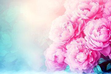 Beautiful bouquet of pink flowers is displayed on a blue background. The flowers are arranged in a way that they appear to be floating in the air, creating a sense of lightness and delicacy