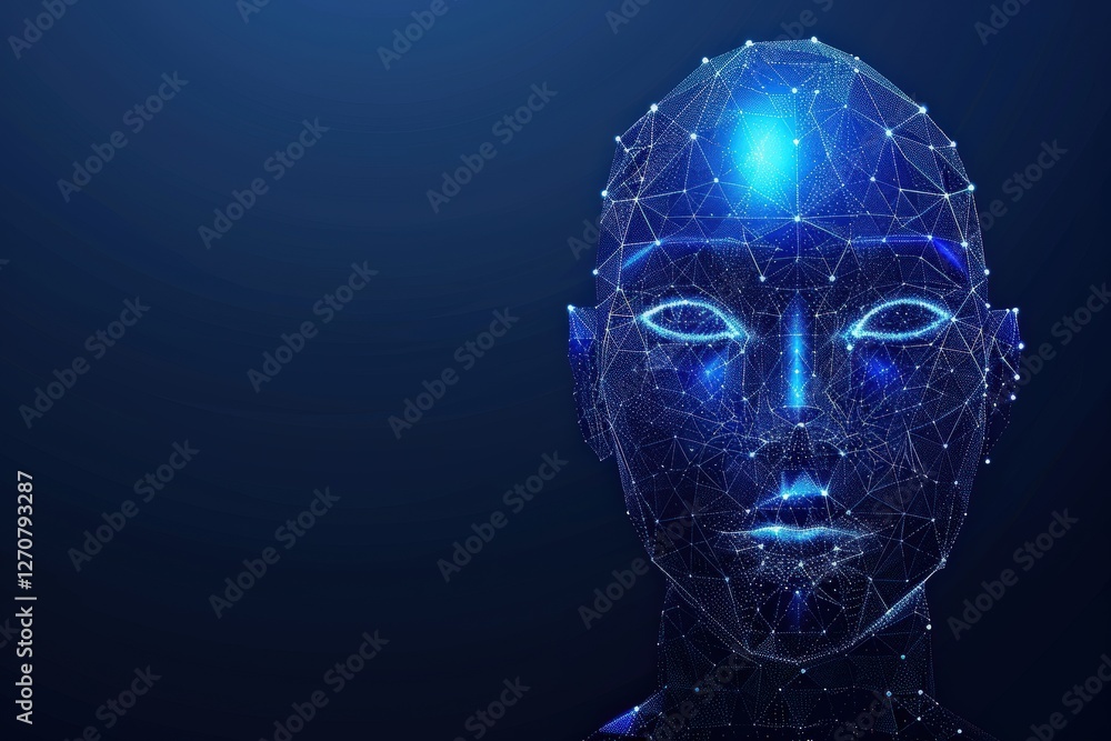 Poster futuristic human face created with glowing blue digital connections, symbolizing artificial intellig