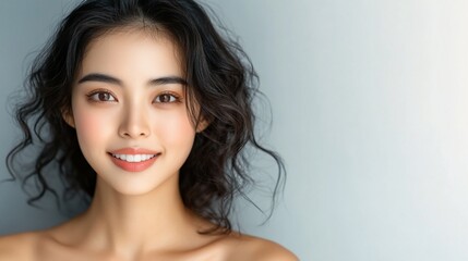 Naklejka premium Smiling woman, portrait, studio, gray background, beauty