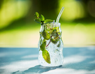 Peppermint iced tea with mint leaves and a glass straw on an outdoor table in sunlight