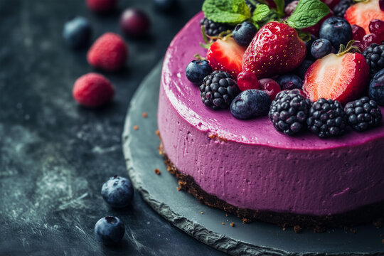 Delicious homemade mixed berry cheesecake tart, showcasing vibrant berries on top