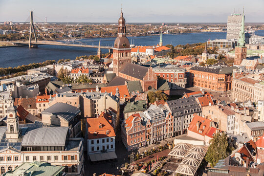 Aerial view of Riga's Old Town in Latvia with historic architecture and a river