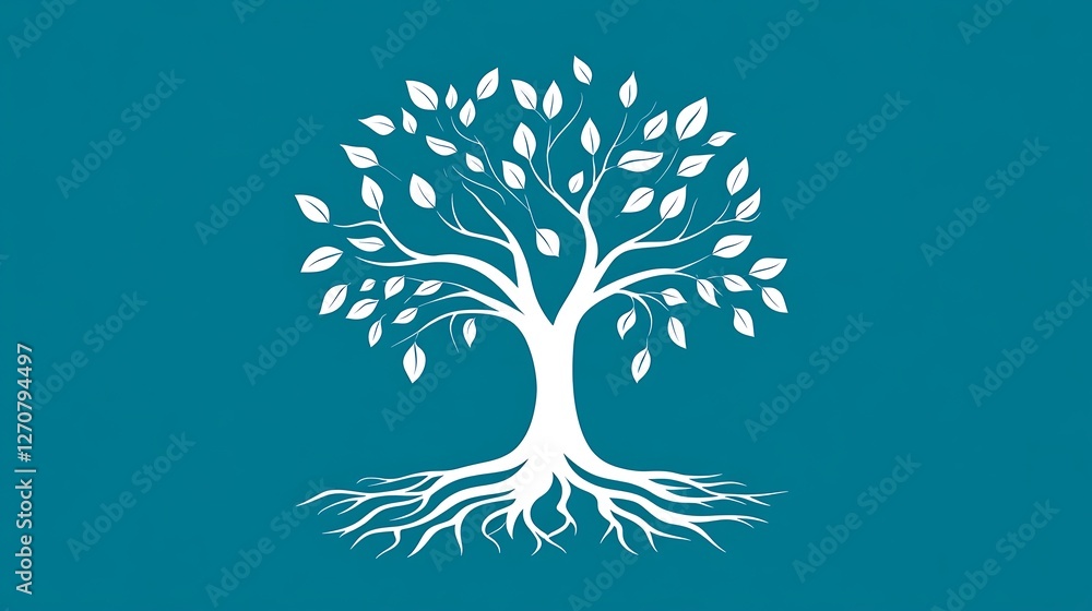 Poster artistic image of a white tree with leaves and roots on a green backdrop, concept background