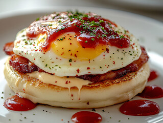 a breakfast dish with a fried egg on a muffin, drizzled with sauce and sprinkled with pepper.