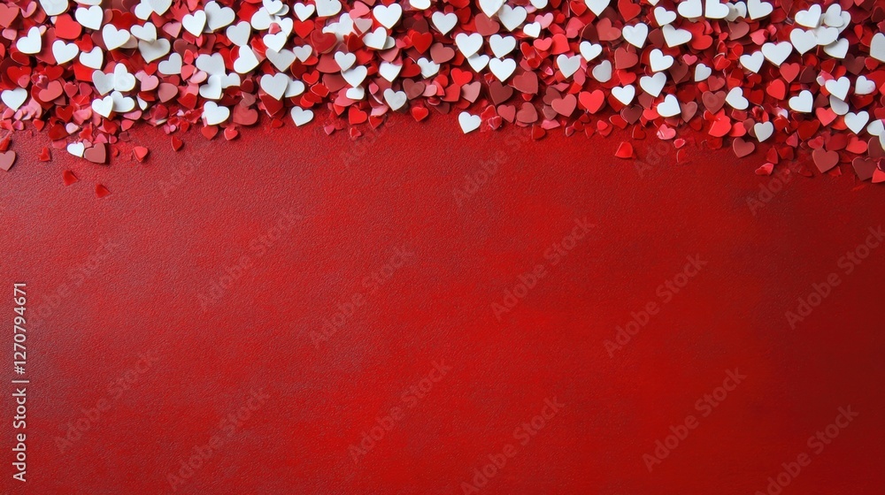 Poster red background with a top frame of red and white hearts. ample space below for text or designs