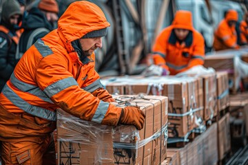 Workers in bright orange safety gear handling packages in cold weather at busy shipping facility, wrapped parcels indicate logistics hub operating under harsh conditions for global supply management.