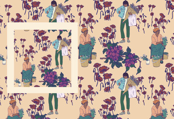  Flowers and women. Folk hand drawn seamless pattern. People floral spring illustration for holiday greetings in March and April © Alina Dmitrieva