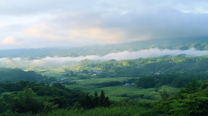 Misty mountain valley sunrise, rural village, scenic landscape, travel poster