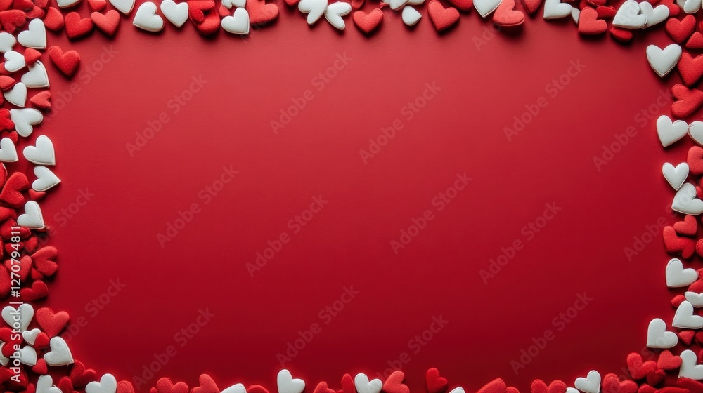 Poster red background with a top frame of red and white hearts. ample space below for text or designs