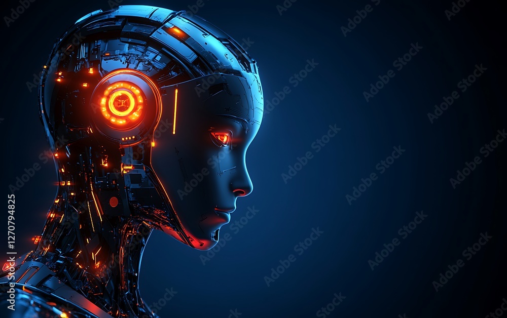 Aufkleber futuristic humanoid robot head profile with glowing lights on dark background for ai tech usage