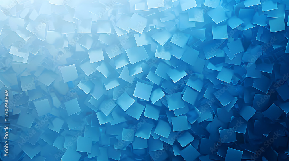 Poster abstract composition of blue squares creating a textured background with depth and dimension