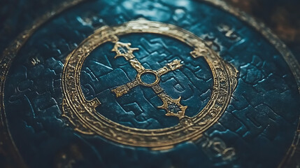 Fototapeta premium Ornamental Symbol in Blue and Gold With Complex Geometric Shapes and Intricate Surface Details