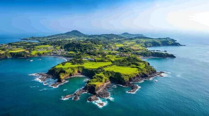 scenic view of Jeju Island, with lush green fields, volcanic rocks, and ocean in background