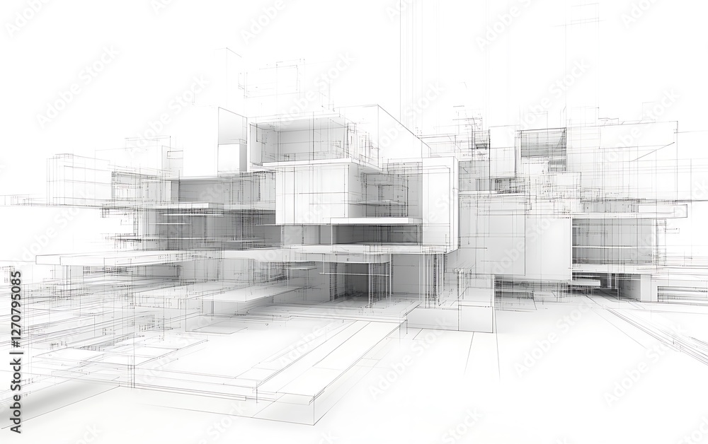 Poster architectural sketch of building exterior with light background used for conceptual design