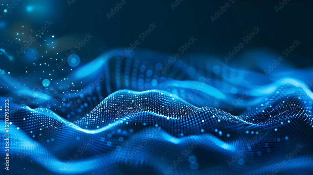 Poster abstract blue wave patterns with glowing dots creating a digital ocean effect in the background