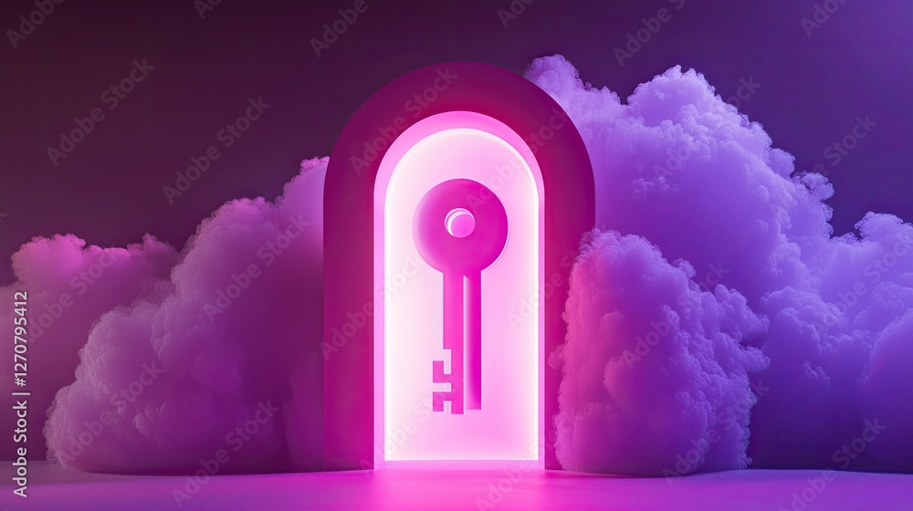 Poster neon key behind archway surrounded by colorful cloudy fog