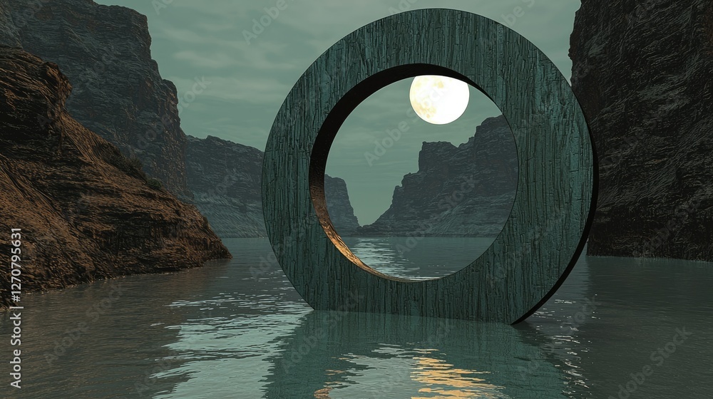 Poster serene landscape with circular structure and moon reflection