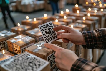 Hands placing a QR code label on cardboard boxes in a warehouse. The process represents modern inventory tracking, logistics management, and efficient supply chain solutions.