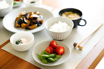 Healthy Japanese food on wooden table.