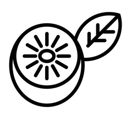 Kiwi fruit vector icon with leaf in outline style. Editable stroke.