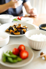 Healthy Japanese food on wooden table.