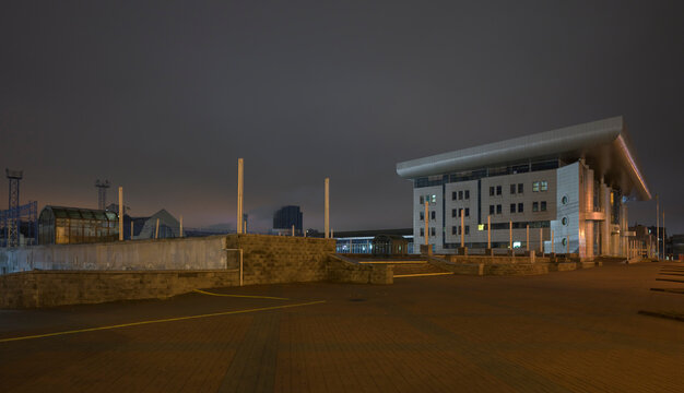 Empty square during curfew and air raid in Kyiv, Ukraine at night