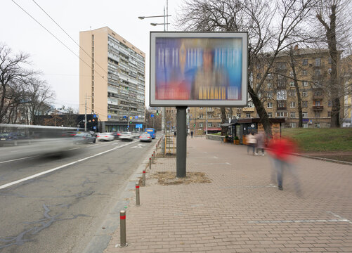 Urban street scene in Kyiv during daily life in wartime Ukraine with blurred motion and nobody present