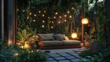 Relaxing outdoor space with a cushioned sofa and soft fairy lights, surrounded by lush plants and a tranquil garden vibe