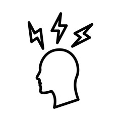 Headache vector icon with lightning bolts around the head. Editable stroke.