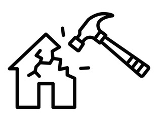 Damaged house vector icon with cracks and a repair hammer. Editable stroke.
