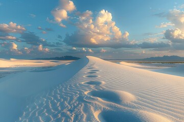 Pristine white sand dunes under pastel blue sky with dramatic clouds, soft shadows and textured ridges creating elegant patterns, distant mountains enhancing peaceful and surreal desert atmosphere.