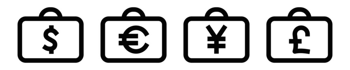 Obraz premium Briefcase vector icon with different currency symbols inside. Editable stroke.