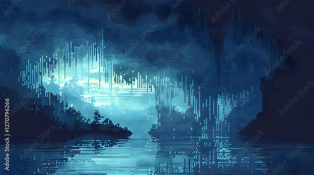 Aufkleber serene digital landscape at twilight with reflections on water and abstract light patterns