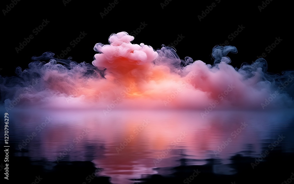 Poster abstract colorful smoke cloud in water reflection with dark background, for artistic use