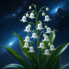 Cosmic Lily of the Valley with iridescent petals and leaves, glowing softly against a starry background. Created with generated AI.