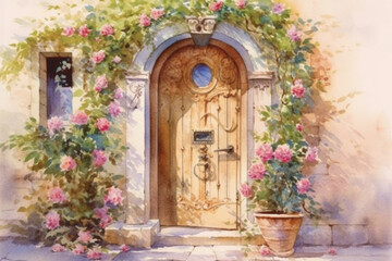 an old wooden door and a climbing rose braiding the entrance next to the door.watercolor painting , Generative AI