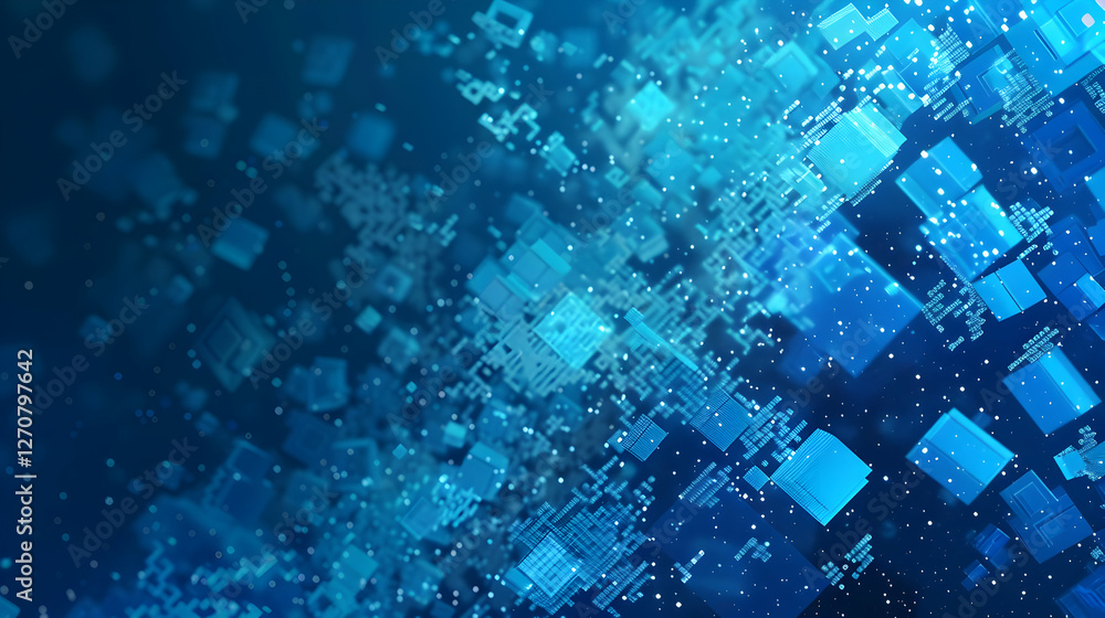 Poster abstract blue digital background with floating geometric shapes and glowing particles