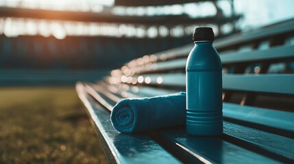 Fototapeta premium Cool Water Bottle and Towel on Bench in Stadium During Sunset Light with Empty Spectator Seats
