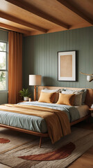 Obraz premium Warm and stylish mid century bedroom with earthy toned walls beautiful artwork and a relaxing outdoor view of trees outside the large window Modern Interior design inspiration