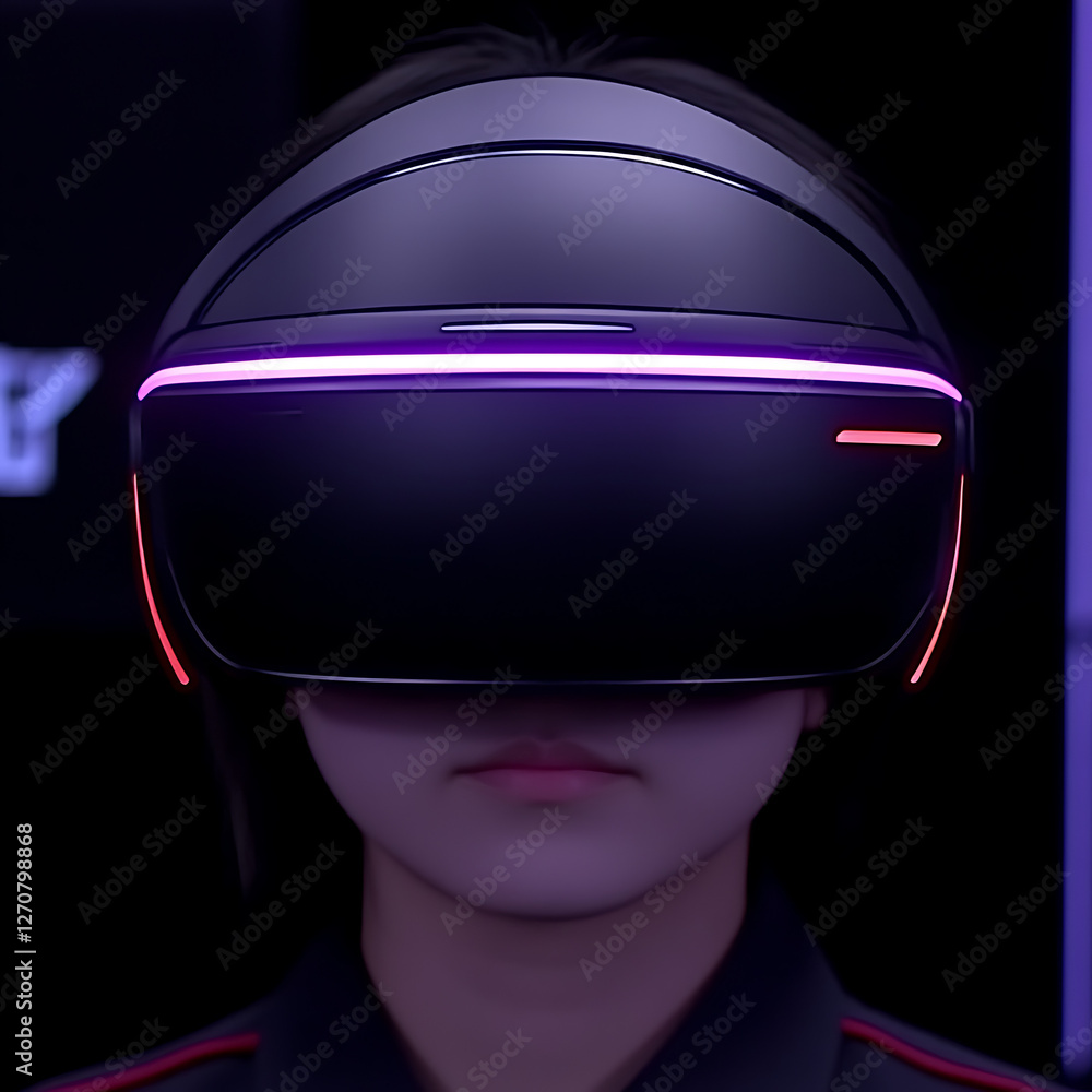 Poster person immersed in virtual reality headset enhanced experience with futuristic design display interf