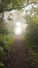 Obraz premium Foggy path through lush, green woodland.