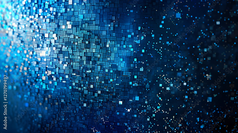 Poster abstract blue mosaic pattern with shimmering effects, creating a digital atmosphere
