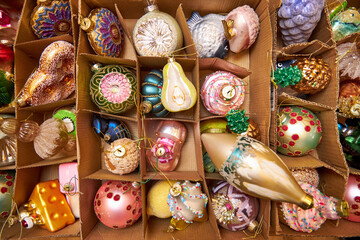top view of colorful vintage glass Christmas tree decorations