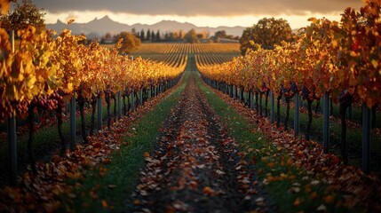 Autumnal Vineyard at Sunset: A Serene Landscape
