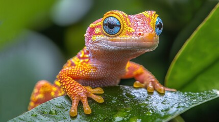 Obraz premium Vibrant Gecko on Leaf in Rainforest - Exotic Wildlife Photography