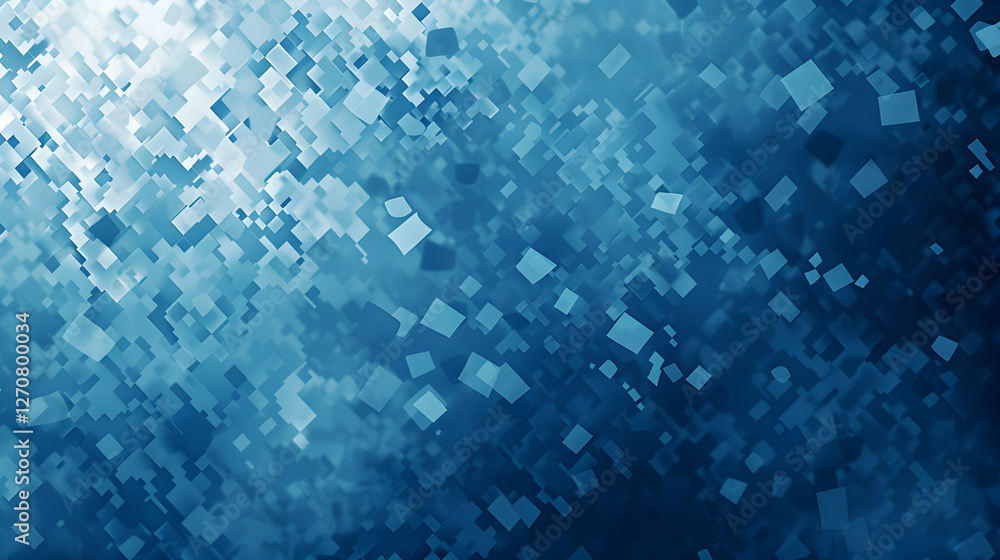 Poster abstract blue background with scattered geometric shapes creating a dynamic visual effect